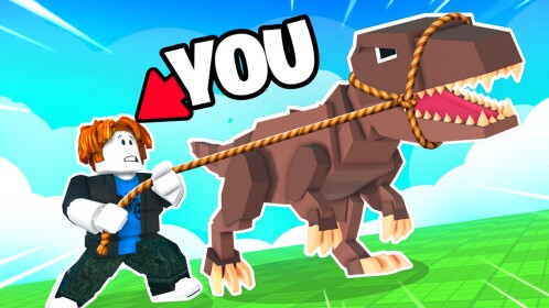 Illustration of a Roblox player holding a rope attached to a brown dinosaur.