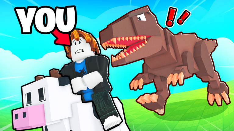 A Roblox player riding a blocky white farm animal while a large brown dinosaur chases them, exclamation marks over its head.