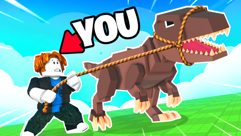 A Roblox player pulling a rope to catch a brown low-poly dinosaur on a grassy field under a bright blue sky.